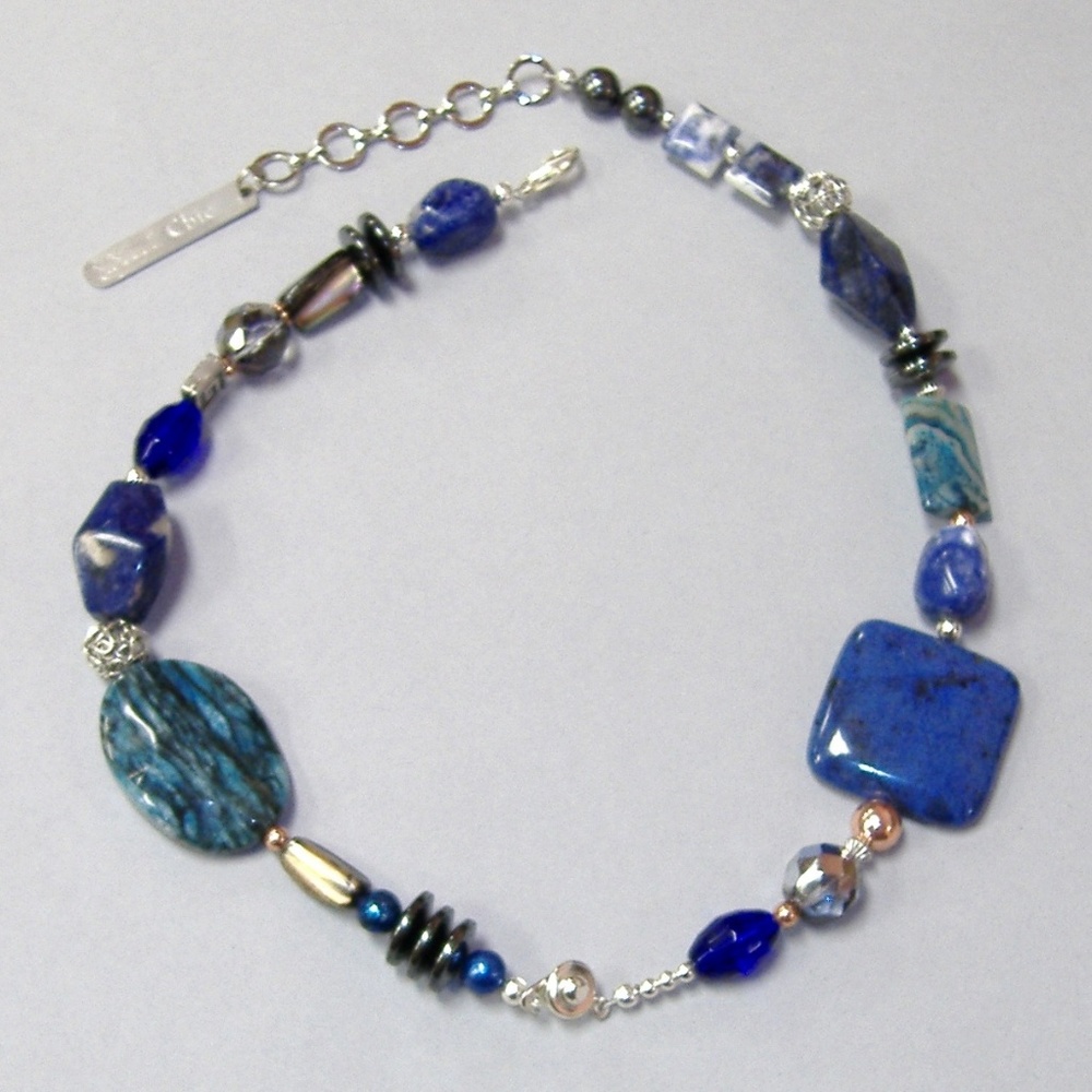Blue Gemstone Beaded Necklace Chunky Unique Jasper Lapis Handmade New Gift